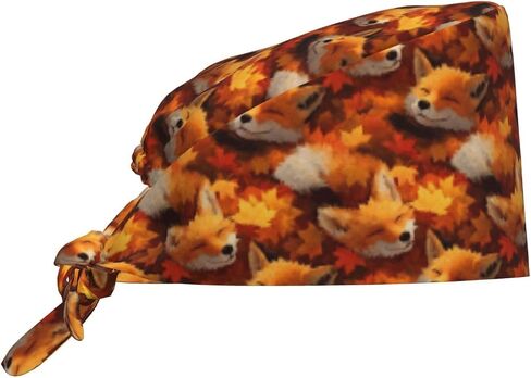 Autumn Maple Leaf Fox Print Scrub Caps Women Men, Nurse Cap Surgical Caps Scrub Hats for Women Men, Adjustable Working Cap with Sweatband Black in Kuwait