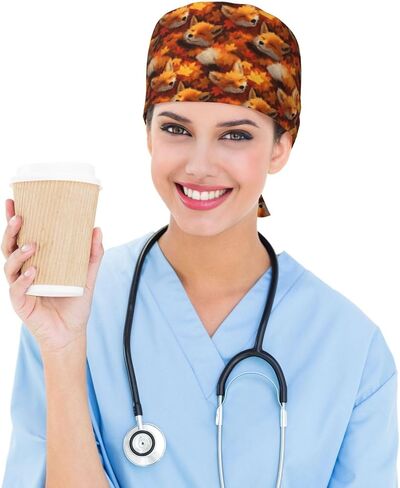 Autumn Maple Leaf Fox Print Scrub Caps Women Men, Nurse Cap Surgical Caps Scrub Hats for Women Men, Adjustable Working Cap with Sweatband Black in Kuwait