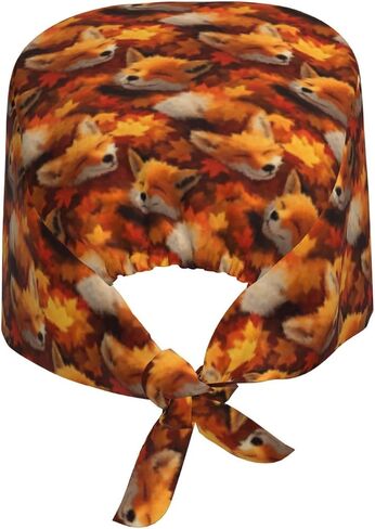 Autumn Maple Leaf Fox Print Scrub Caps Women Men, Nurse Cap Surgical Caps Scrub Hats for Women Men, Adjustable Working Cap with Sweatband Black in Kuwait