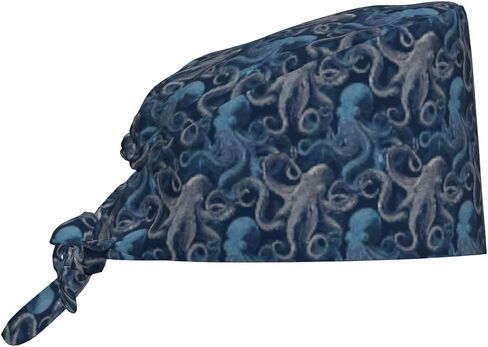 Elegant Blue Grey Octopus Print Scrub Caps Women Men, Nurse Cap Surgical Caps Scrub Hats for Women Men, Adjustable Working Cap with Sweatband in Kuwait