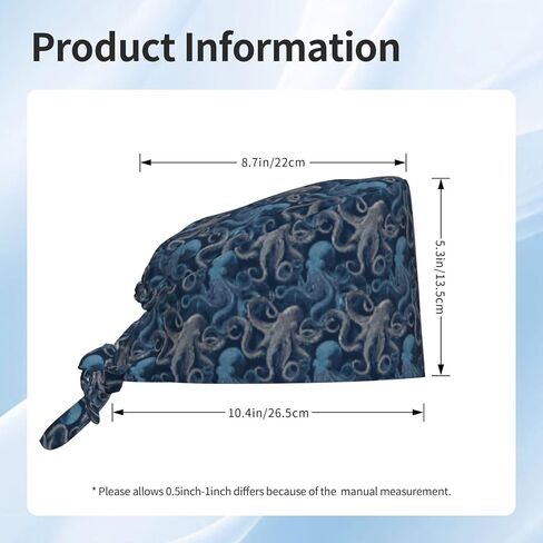 Elegant Blue Grey Octopus Print Scrub Caps Women Men, Nurse Cap Surgical Caps Scrub Hats for Women Men, Adjustable Working Cap with Sweatband in Kuwait