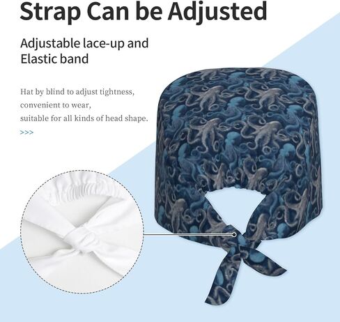 Elegant Blue Grey Octopus Print Scrub Caps Women Men, Nurse Cap Surgical Caps Scrub Hats for Women Men, Adjustable Working Cap with Sweatband in Kuwait