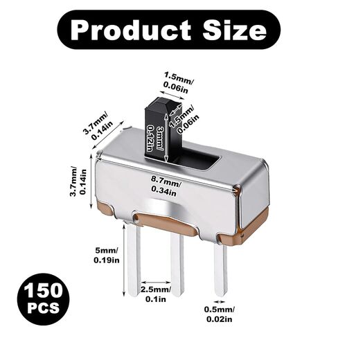 150 قطعة SPDT Micro Mini Slide Switch، 1P2T 2 موضع 3 دبوس تبديل مفاتيح لوحة عمودية جبل SS12D00G مقبض 3 مم لوحدة التحكم الدقيقة PCB لوحة التجارب الإلكترونية DC 50V 0.5A in Kuwait