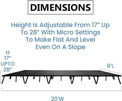 8'x16' Portable Stage, 8 Decks, Adjustable Height 17-28" | 8-deck stage (8'x16'), aluminum, 3400 lb cap/deck. US-patented 5-leg design. Tool-free 60-sec setup, folds flat. in Saudi Arabia