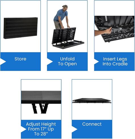 8'x16' Portable Stage, 8 Decks, Adjustable Height 17-28" | 8-deck stage (8'x16'), aluminum, 3400 lb cap/deck. US-patented 5-leg design. Tool-free 60-sec setup, folds flat. in Saudi Arabia