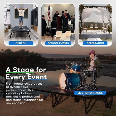 8'x16' Portable Stage, 8 Decks, Adjustable Height 17-28" | 8-deck stage (8'x16'), aluminum, 3400 lb cap/deck. US-patented 5-leg design. Tool-free 60-sec setup, folds flat. in Saudi Arabia