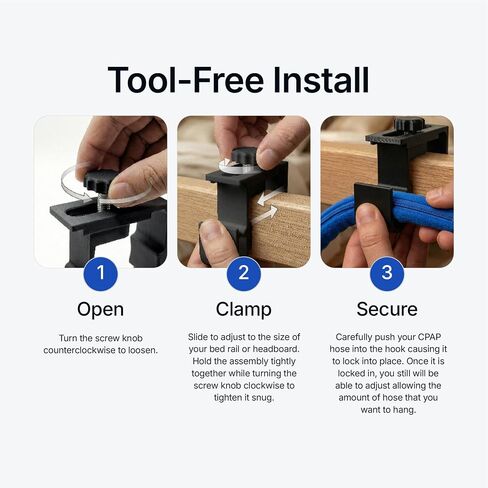 2 Pack - CPAP Hose Holder Adjustable Clamp Mount – No Drill Bed Rail Clip, Secure U-Shape Tube Hook for Tangle-Free CPAP Tubing Support - Made in USA - Black (Hose Cover Campatible) in Kuwait