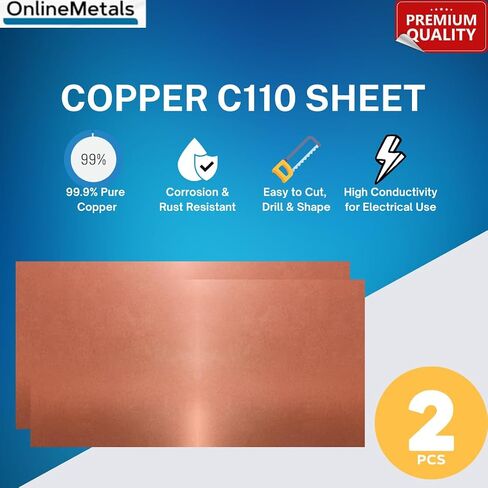 صفيحة نحاسية من OnlineMetals C110 - 6 بوصة × 12 بوصة، قياس 18، قطعتان | لوحة نحاسية نقية للحرف اليدوية، وصناعة المجوهرات، والتشكيل الكهربائي، والحفر، والبوجا، وبناء النماذج، والأعمال اليدوية، والفنون، وديكور الحائط، والكمبيوتر، والمشروعات المنزلية in Kuwait