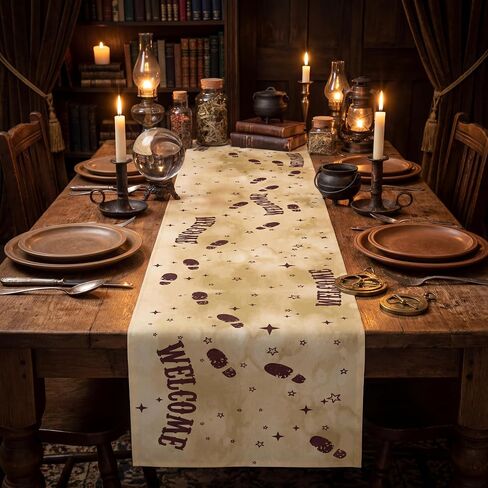 2 Pcs Footprint Map Magical Wizard Table Runner 13 x 72 Inch Wizard Party Decorations Linen Vintage Birthday Party Table Runner Decor for Home Dining Room Kitchen in Kuwait