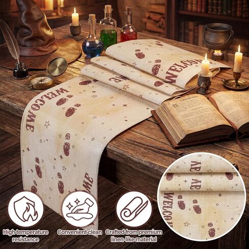 2 Pcs Footprint Map Magical Wizard Table Runner 13 x 72 Inch Wizard Party Decorations Linen Vintage Birthday Party Table Runner Decor for Home Dining Room Kitchen in Kuwait