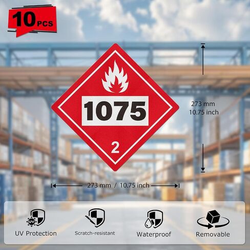 10 عبوات 1075 لافتة من الدرجة 2 غاز قابل للاشتعال 10.75 × 10.75 بوصة | متوافق مع DOT Hazmat، ملصقات المخاطر، الفينيل، ذاتية اللصق، التصاق قوي، ملصقات أمان لتخزين مناولة الشحن in Kuwait