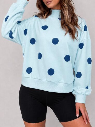 بلوفر Fisoew للسيدات منقط برقبة وهمية وأكمام طويلة | كبير الحجم، كتف منسدل، Y2K، أزياء خريف 2026، ناعم، ياقة مدورة، فضفاض، رسم، طباعة، لطيف، كاجوال in Kuwait