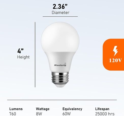 Maelsrlg A19 مصابيح LED مكافئة 60 وات، 90 CRI، قابلة للتعتيم، أبيض دافئ 3000K، 760 لومن، قاعدة E26، 120 فولت، 8 وات لمبات LED لغرفة النوم وغرفة المعيشة، 8 عبوات in Kuwait