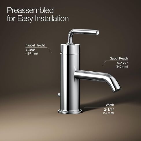 KOHLER K-14402-4A-CP Purist® صنبور حوض الحمام بمقبض واحد، مقبض رافعة مستقيمة، صنابير الحمام، 1.2 GPM، كروم مصقول in Kuwait