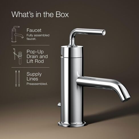 KOHLER K-14402-4A-CP Purist® صنبور حوض الحمام بمقبض واحد، مقبض رافعة مستقيمة، صنابير الحمام، 1.2 GPM، كروم مصقول in Kuwait