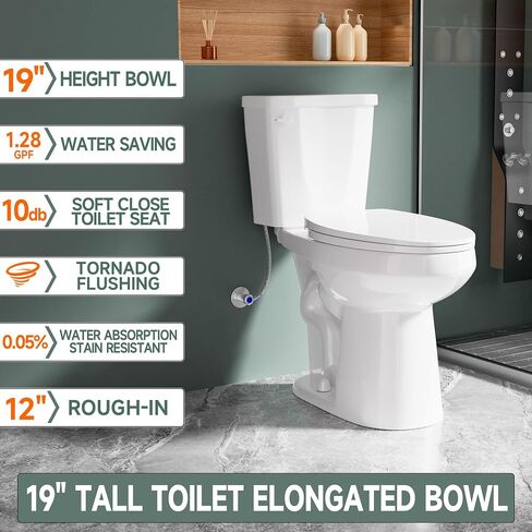 19 Inch ADA Elongated Tall Toilet for Seniors 1.28 GPF White | Vitreous China Tornado Single Flush, For Bathroom, Comfort Seat Height 20",12" Rough In in Kuwait
