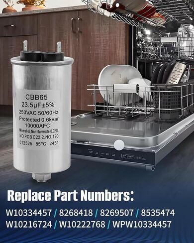 W10334457 Dishwasher Motor Pump Capacitor, C65R, 23.5uF, 250VAC, Fit for Whirlpool/Maytag/KitchenAid/Amana/Magic Chef Dishwasher,Replace W10216724 W10222768 in Kuwait