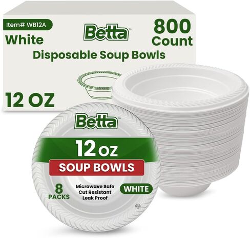 Betta 12 Oz Disposable Plastic Soup Bowls, White, 800 Count, Bulk Case for Schools, Breakrooms and Cafeteria, Microwave Safe (8 Pack Per Box x100) in Kuwait