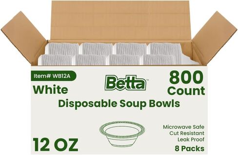 Betta 12 Oz Disposable Plastic Soup Bowls, White, 800 Count, Bulk Case for Schools, Breakrooms and Cafeteria, Microwave Safe (8 Pack Per Box x100) in Kuwait