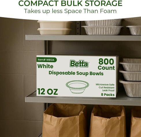 Betta 12 Oz Disposable Plastic Soup Bowls, White, 800 Count, Bulk Case for Schools, Breakrooms and Cafeteria, Microwave Safe (8 Pack Per Box x100) in Kuwait