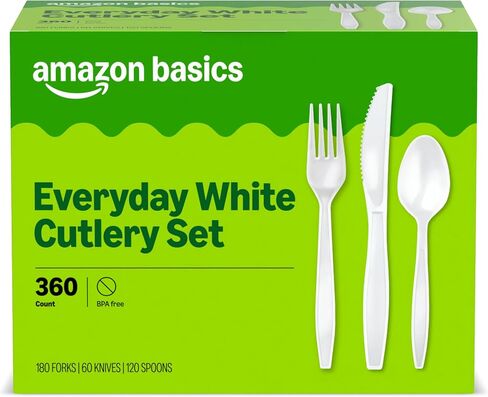 Amazon Basics Disposable Everyday White Assorted Cutlery Set, 360 Count, Large Combo Pack, Forks, Spoons, and Knives in Kuwait
