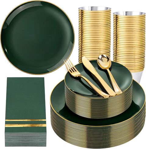NOCCUR 350PCS Green Plastic Plates - Disposable Green Gold Dinnerware Set for 50 Guests, 100 Dinner/Dessert Plates, 150 Gold Silverware, 50 Cups&50 Napkins for Party ＆ Wedding ＆ World Cup 2026 in Kuwait