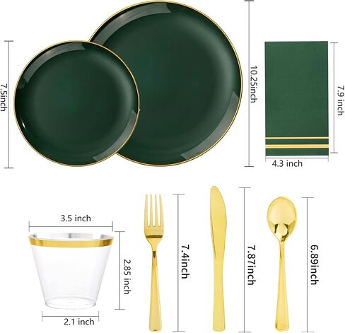 NOCCUR 350PCS Green Plastic Plates - Disposable Green Gold Dinnerware Set for 50 Guests, 100 Dinner/Dessert Plates, 150 Gold Silverware, 50 Cups&50 Napkins for Party ＆ Wedding ＆ World Cup 2026 in Kuwait
