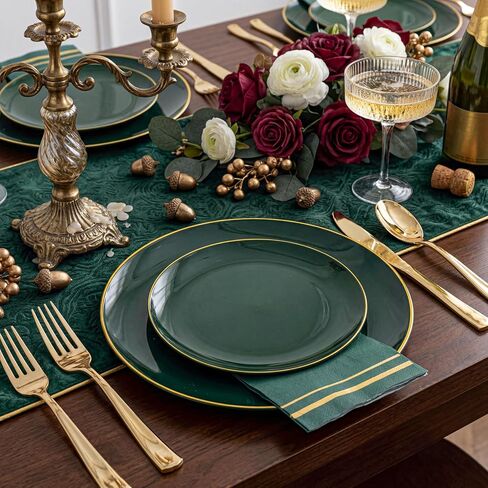 NOCCUR 350PCS Green Plastic Plates - Disposable Green Gold Dinnerware Set for 50 Guests, 100 Dinner/Dessert Plates, 150 Gold Silverware, 50 Cups&50 Napkins for Party ＆ Wedding ＆ World Cup 2026 in Kuwait