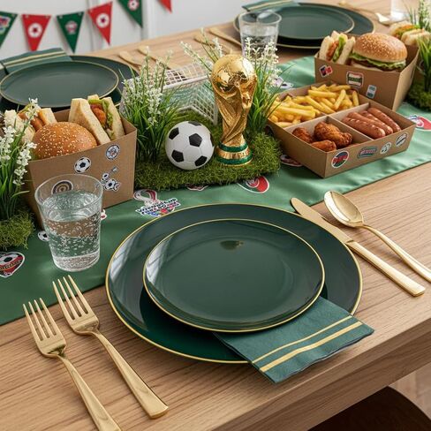 NOCCUR 350PCS Green Plastic Plates - Disposable Green Gold Dinnerware Set for 50 Guests, 100 Dinner/Dessert Plates, 150 Gold Silverware, 50 Cups&50 Napkins for Party ＆ Wedding ＆ World Cup 2026 in Kuwait