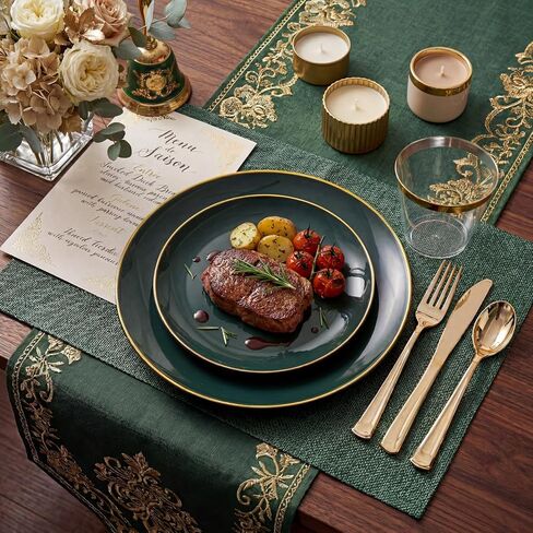 NOCCUR 350PCS Green Plastic Plates - Disposable Green Gold Dinnerware Set for 50 Guests, 100 Dinner/Dessert Plates, 150 Gold Silverware, 50 Cups&50 Napkins for Party ＆ Wedding ＆ World Cup 2026 in Kuwait