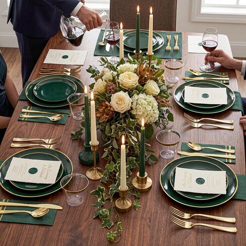 NOCCUR 350PCS Green Plastic Plates - Disposable Green Gold Dinnerware Set for 50 Guests, 100 Dinner/Dessert Plates, 150 Gold Silverware, 50 Cups&50 Napkins for Party ＆ Wedding ＆ World Cup 2026 in Kuwait