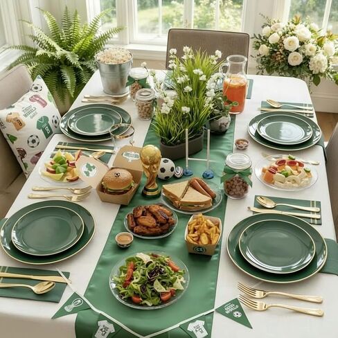 NOCCUR 350PCS Green Plastic Plates - Disposable Green Gold Dinnerware Set for 50 Guests, 100 Dinner/Dessert Plates, 150 Gold Silverware, 50 Cups&50 Napkins for Party ＆ Wedding ＆ World Cup 2026 in Kuwait
