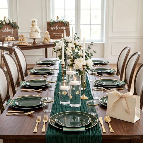 NOCCUR 350PCS Green Plastic Plates - Disposable Green Gold Dinnerware Set for 50 Guests, 100 Dinner/Dessert Plates, 150 Gold Silverware, 50 Cups&50 Napkins for Party ＆ Wedding ＆ World Cup 2026 in Kuwait