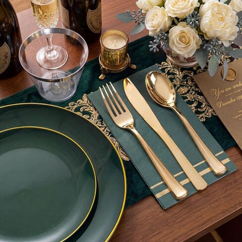 NOCCUR 350PCS Green Plastic Plates - Disposable Green Gold Dinnerware Set for 50 Guests, 100 Dinner/Dessert Plates, 150 Gold Silverware, 50 Cups&50 Napkins for Party ＆ Wedding ＆ World Cup 2026 in Kuwait