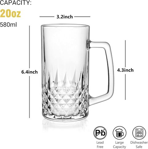 Beer Mug Set of 2, 20oz Crystal Beer Glasses with Handle, Glass Beer Mugs for Freezer, Gifts for Men in Kuwait