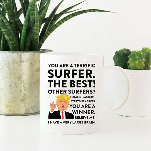 Andaz Press Funny President Donald Trump 11oz. Coffee Mug Gift, Surfer, 1-Pack, Christmas Birthday Drinking Cup Republican Democrat Political Satire For Coworker Surfer Mug Christmas Ideas For Surfers in Kuwait