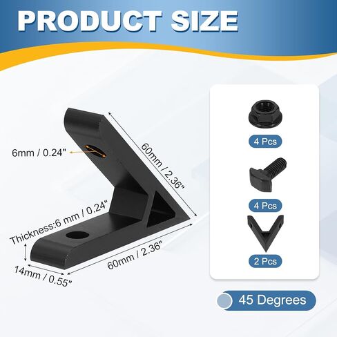 uxcell 2Set 45 درجة زاوية زاوية بين قوسين، 60x60x14mm 2020 سلسلة الألومنيوم النتوء الملحقات الشخصية، موصلات مفصل قوس الزاوية مع مسامير التثبيت والصواميل، أسود in Kuwait
