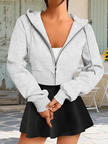 Womens Fashion Oversized Sweatshirts Fall Zip Up Cropped Long Sleeve Hoodies Short Outfit Sweatshirts Spring Clothes Grey in Kuwait