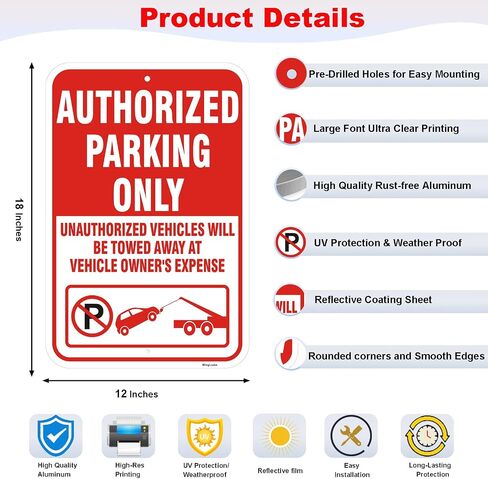 2 Pack Authorized Parking Only Signs,18x12 Inch Unauthorized Vehicles Will Be Towed Warning Sign, Rust-Free Reflective Aluminum, Weatherproof UV Protected for Parking Lots & Designated Areas in Kuwait