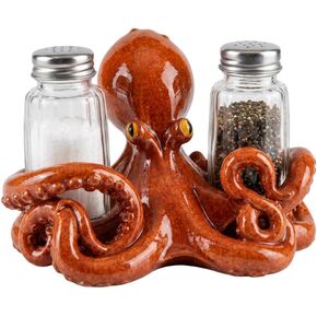 Comfy Hour Octopus Salt and Pepper Shakers Holder Set, 5 Inch Resin Coastal Ocean Figurine with 2 Glass Bottles, Brown Hand-Painted Novelty Kitchen Tabletop Decor in Kuwait