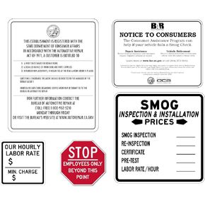 تتضمن مجموعة لافتة محطة كاليفورنيا SMOG جميع اللافتات الخمس: لافتة مكتب كاليفورنيا لإصلاح السيارات (B.A.R.) وإشعار لسائقي السيارات، ولافتات أسعار الخدمة، وعلامة السعر بالساعة، وعلامة توقف للموظفين فقط in Kuwait