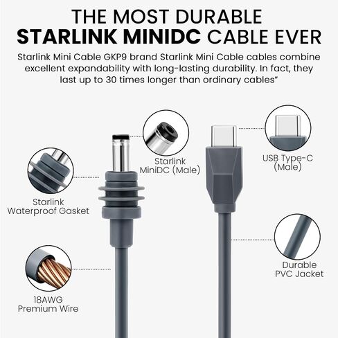 كابل Starlink Mini، كابل طاقة Starlink Mini USB C إلى DC، تصميم مقاوم للماء، التوصيل والتشغيل، مناسب للتخييم/الاستكشاف في الهواء الطلق. (10 قدم) in Kuwait
