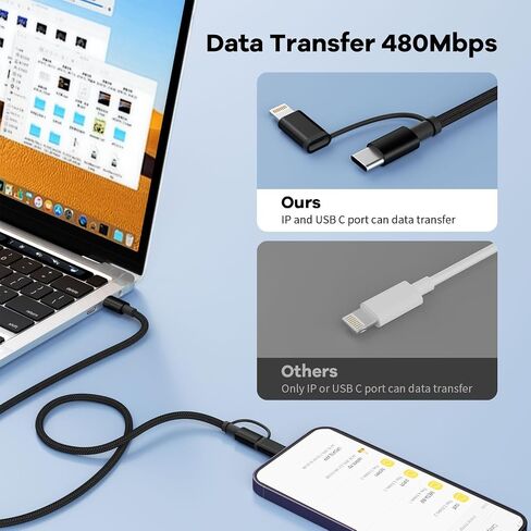 60W Max 2 in 1 USB C to C/IP Cable, Fast Charging Type-C Cable, Travel Essentials USB-C Multi iPhone 17 Charger Cord Compatible for iPhone 17-8, Android, iPad and More, Carplay Cable(2Pack 4FT) in Kuwait