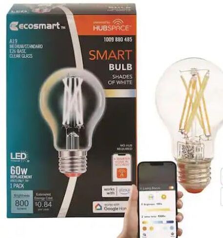 لمبة إضاءة LED ذكية مكافئة 60 وات من EcoSmart A19 بيضاء شفافة قابلة للضبط CEC مع تحكم صوتي (لمبة واحدة) مدعومة من Hubspace 12CFA1960WCCT01 in Kuwait