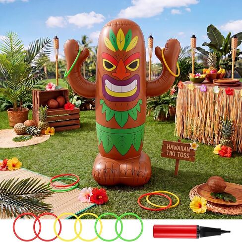 47" Inflatable Luau Tiki Pool Toss Games Tiki Pool Ring Toss Toys with 6 Rings for Indoor Outdoor Summer Tropical Swimming Inflatable Bean Bags Games Hawaiian Luau Party Favors Supplies in Kuwait