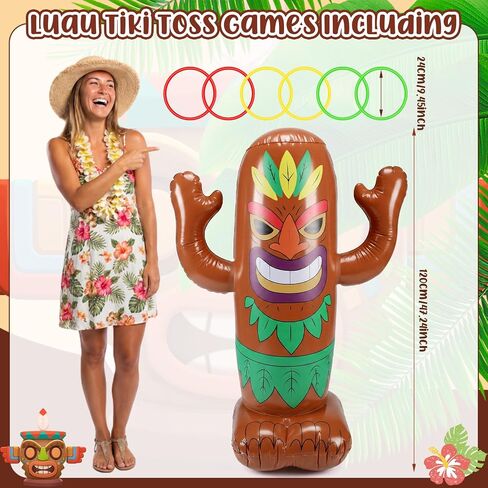 47" Inflatable Luau Tiki Pool Toss Games Tiki Pool Ring Toss Toys with 6 Rings for Indoor Outdoor Summer Tropical Swimming Inflatable Bean Bags Games Hawaiian Luau Party Favors Supplies in Kuwait