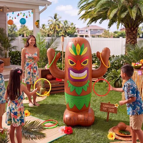 47" Inflatable Luau Tiki Pool Toss Games Tiki Pool Ring Toss Toys with 6 Rings for Indoor Outdoor Summer Tropical Swimming Inflatable Bean Bags Games Hawaiian Luau Party Favors Supplies in Kuwait