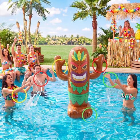 47" Inflatable Luau Tiki Pool Toss Games Tiki Pool Ring Toss Toys with 6 Rings for Indoor Outdoor Summer Tropical Swimming Inflatable Bean Bags Games Hawaiian Luau Party Favors Supplies in Kuwait