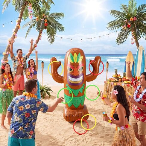 47" Inflatable Luau Tiki Pool Toss Games Tiki Pool Ring Toss Toys with 6 Rings for Indoor Outdoor Summer Tropical Swimming Inflatable Bean Bags Games Hawaiian Luau Party Favors Supplies in Kuwait