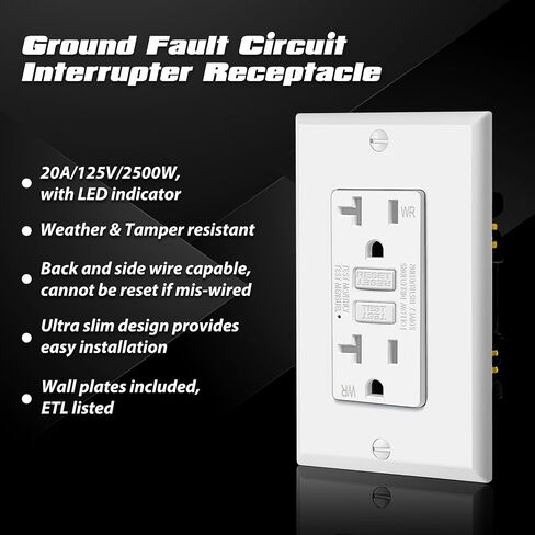 ELECTECK 20 حزمة منفذ GFCI 20 أمبير، مقاوم للطقس الخارجي (WR)، أوعية GFI فائقة النحافة مع مؤشر LED، قاطع دائرة الأعطال الأرضية، لوحة حائط متضمنة، قائمة ETL، أبيض in Kuwait